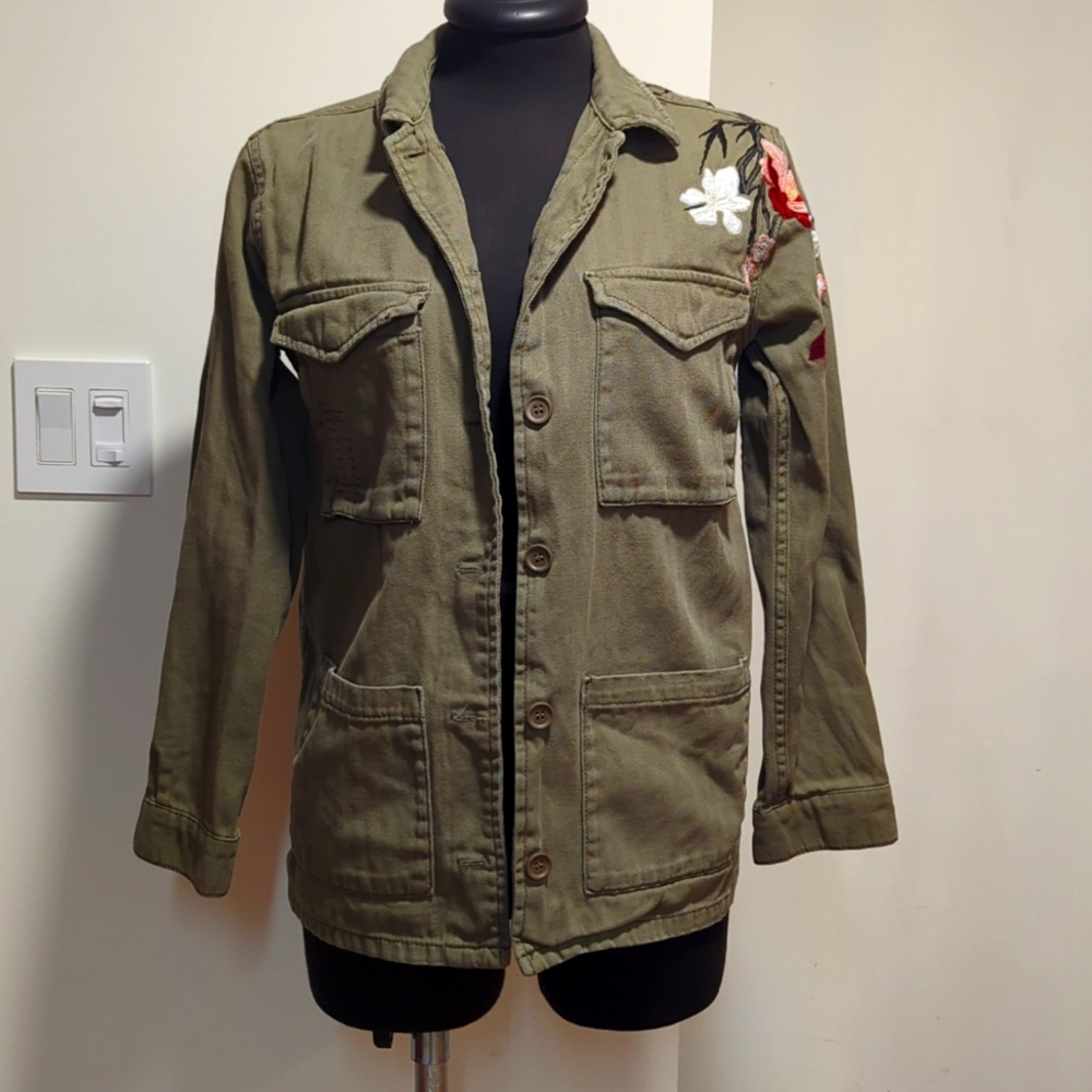 Topshop army green floral embroidered  jacket, pre-owned in excellent condition